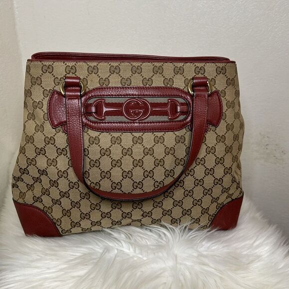 💯 Authentic Gucci Beige/Red GG Canvas and Leather Medium Supreme Tote🍀 - Picture 12 of 15